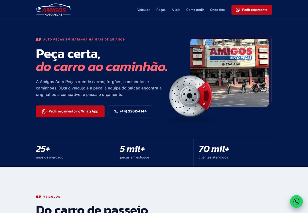 Primeira tela do site da Amigos Auto Peças.