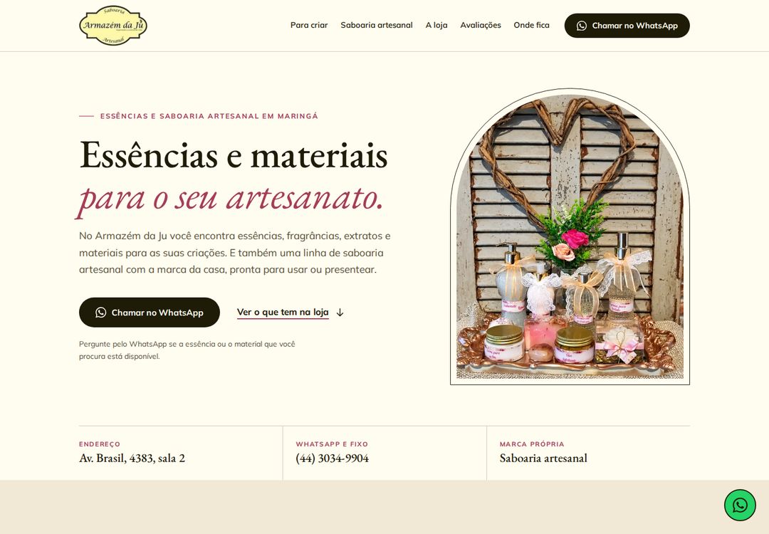 Primeira tela do site da Armazém da Ju Essências.