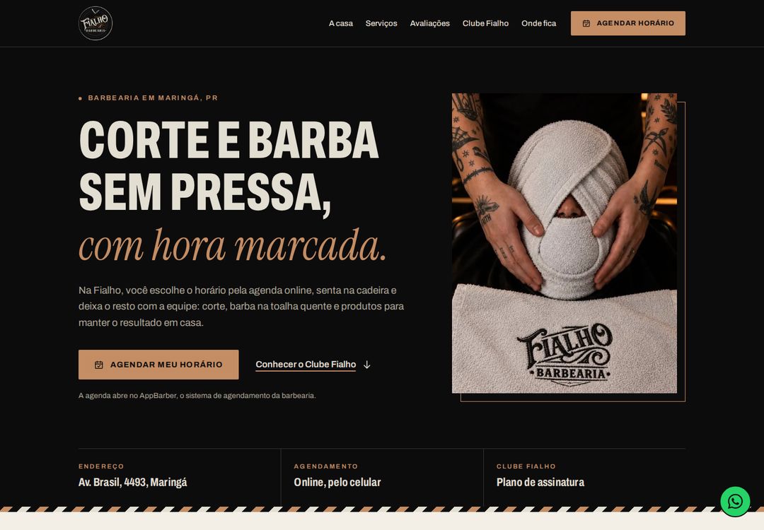 Primeira tela do site da Fialho Barbearia.