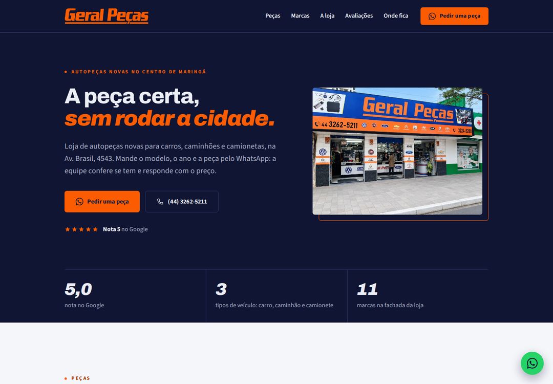 Primeira tela do site da Geral Peças.