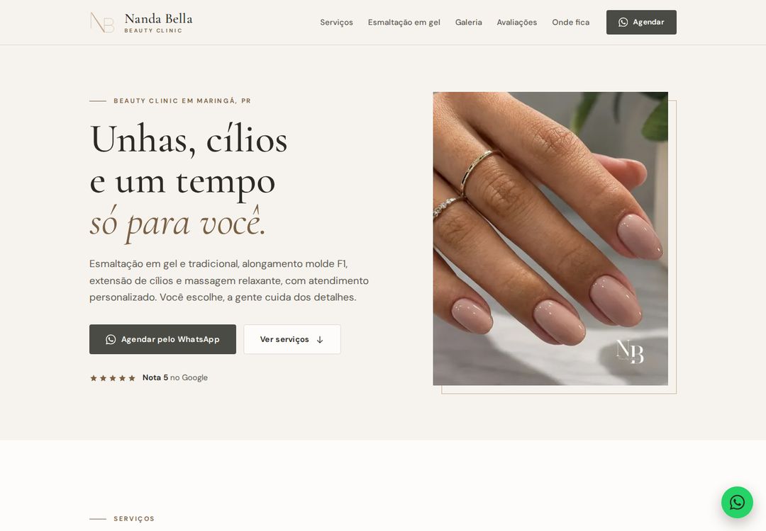 Primeira tela do site da Nanda Bella Beauty Clinic.