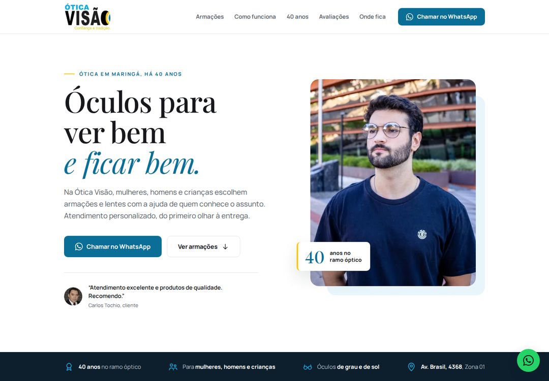 Primeira tela do site da Ótica Visão.