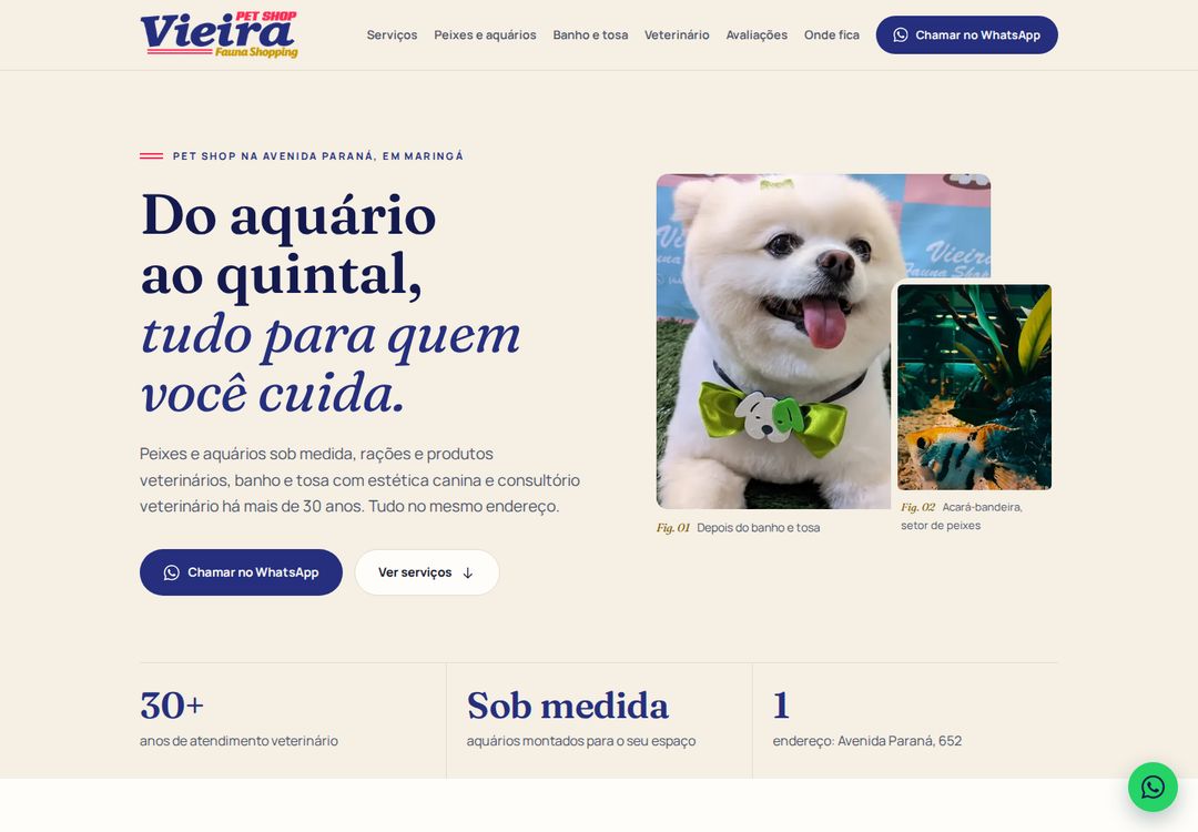 Primeira tela do site da Vieira Fauna Shopping.